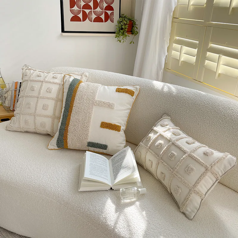 

Throw Cushion Cover Modern Grid Simple Embroidery Hotel Living Room Sofa Bedroom Comfortable Pillow Case Cover