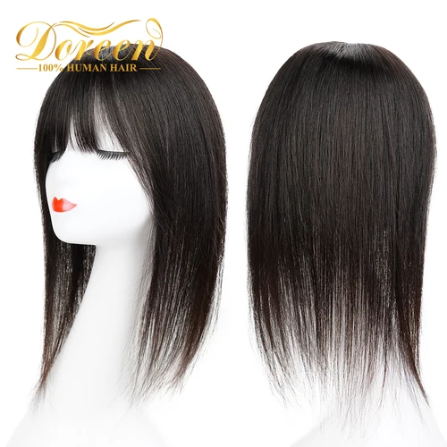 Imagen 2 del producto Doreen 13*13cm 8 ""12"" 16 ""Topper de cabello con flequillo Real Remy adornos de cabello humano para mujeres con Base de seda para la pérdida de cabello con trama de cabello