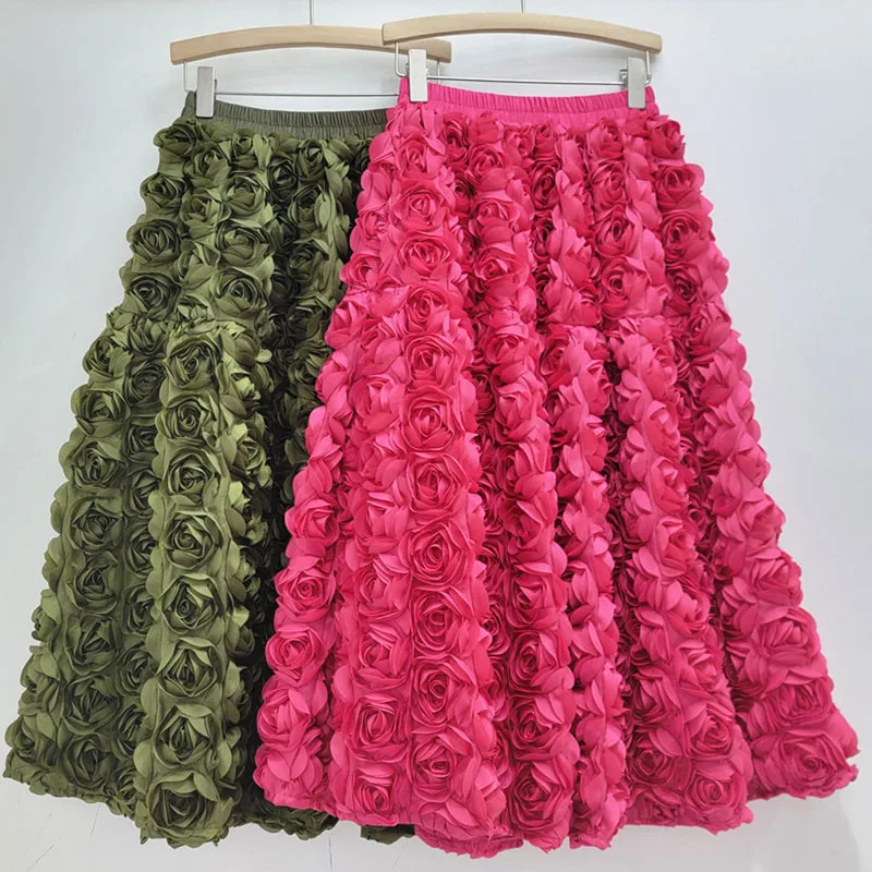 New Elegant 3D Rose Flowers Long Skirt for Women Y2K Sexy Elastic High Waist  Solid Color Party Evening Dress Club Fashion Skirt