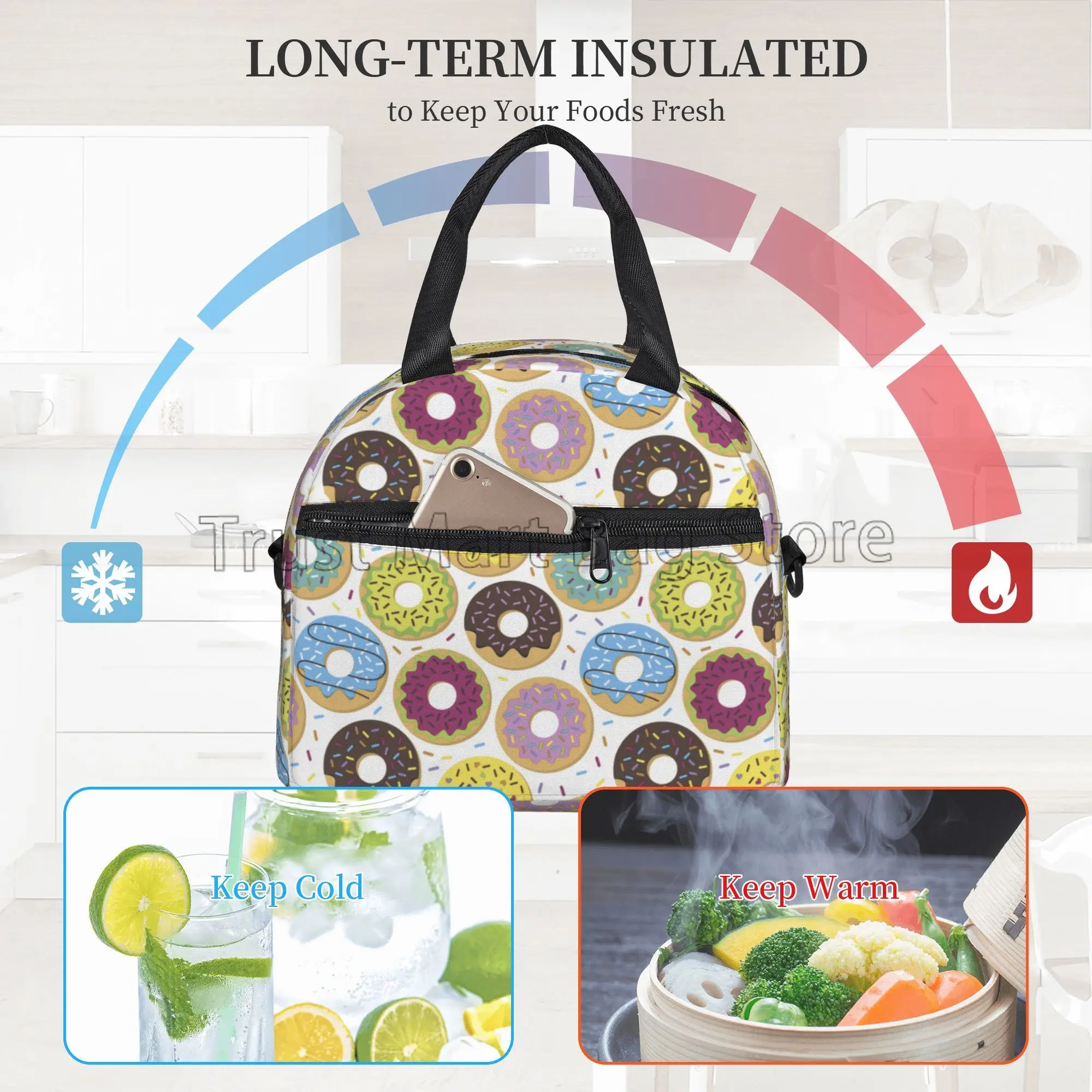 Colorful Donut Insulated Lunch Bag Reusable Portable Cooler Thermal Lunch Bento Box with Adjustable Strap for Picnic Beach Work