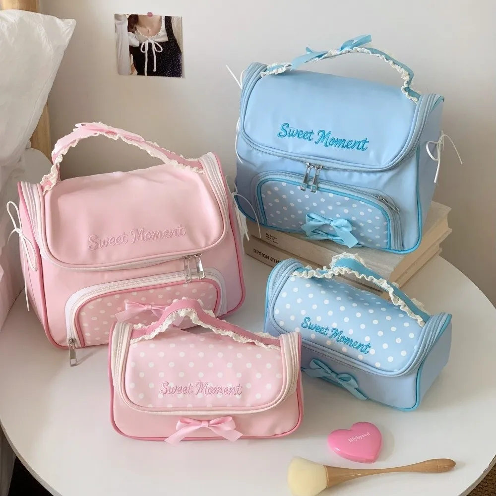 Large Capacity Makeup Bag Portable Water-resistant Travel Cosmetic Bag PU Leather Dot Bowknot Design Handbag Storage Bag
