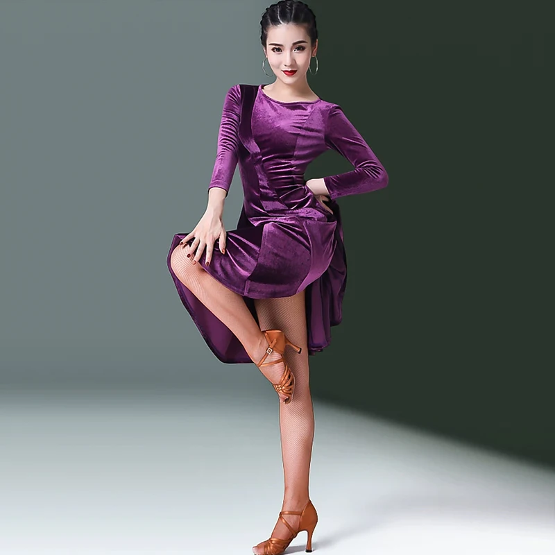 Sexy Latin Dance Wear Dress Autumn and Winter New Adult Women Long-sleeved Dress Velvet Professional Social Dance Training Dress