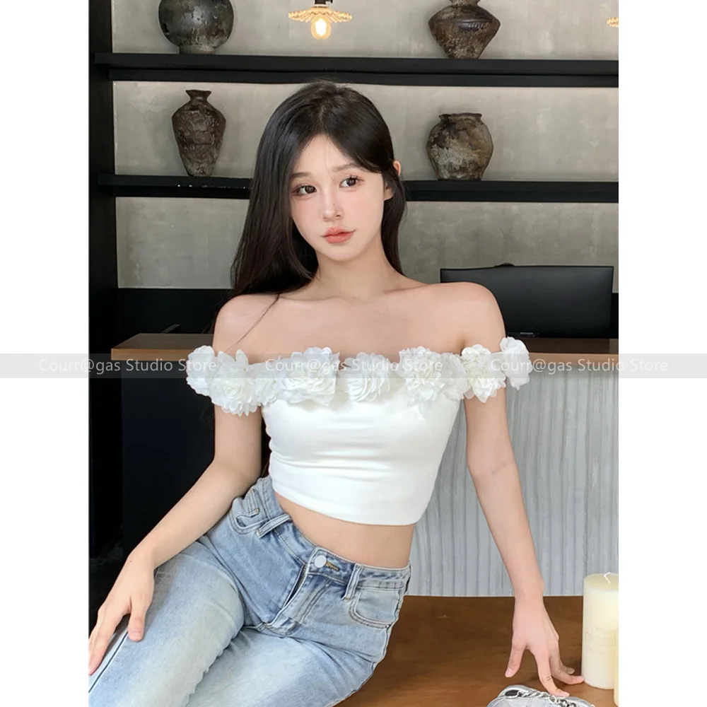 

Spice girls in Europe and the United States niche flower one-shoulder bustier top 2024 summer hundred with short T-shirt shirt