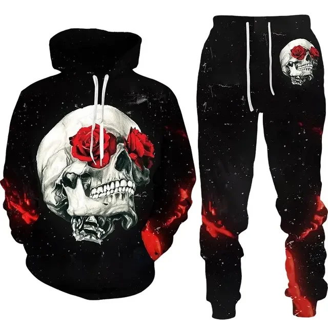 Conjunto de Sudadera con capucha para hombre, chándal informal con estampado 3D de Calavera, 2 piezas, 2024