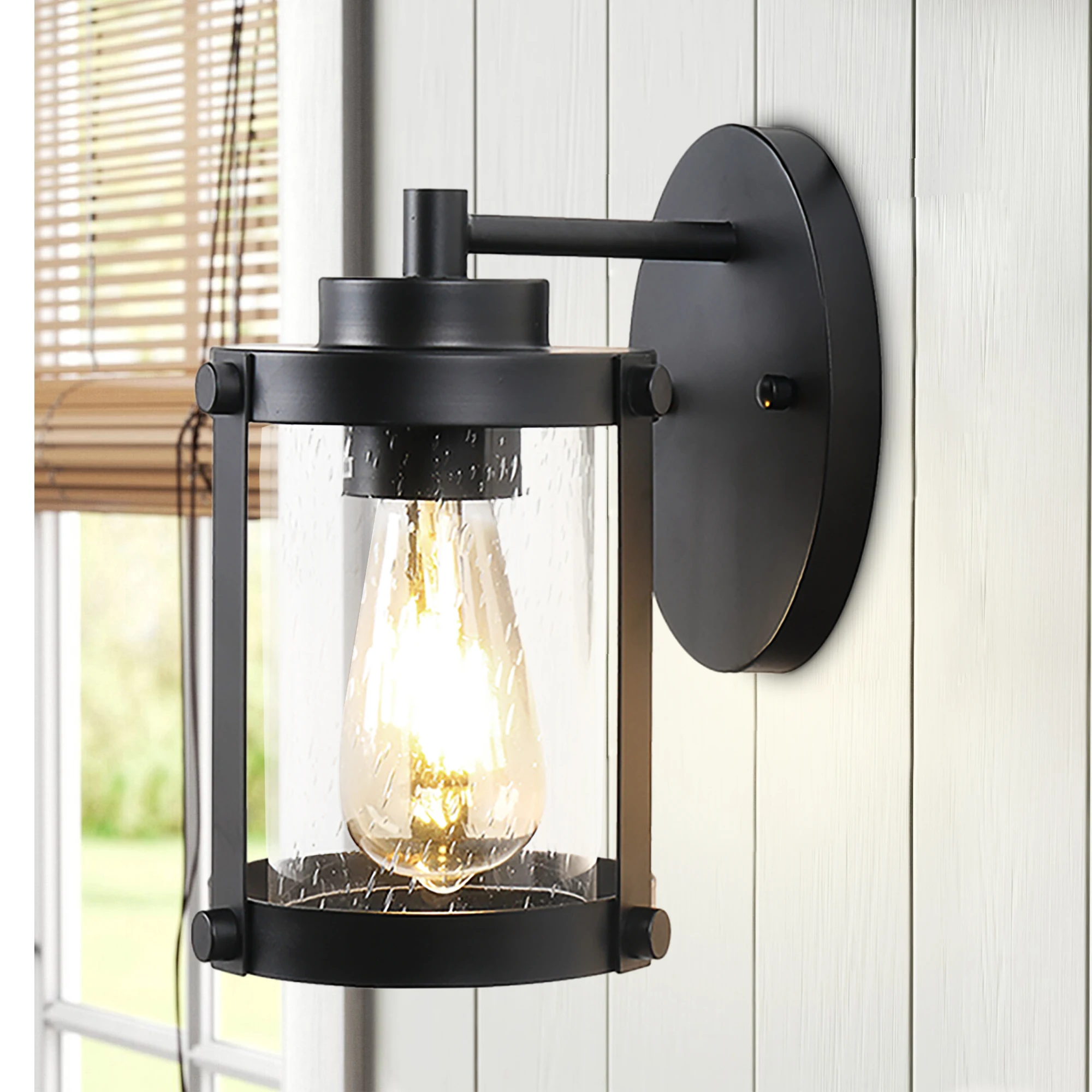 

Black Outdoor Wall Lights, Modern Exterior Seeded Glass Wall Mounted Lantern for Patio, Entryway, Front Door and Garage