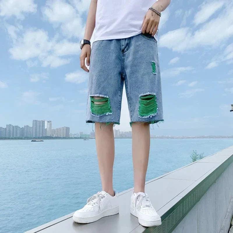 

Male Denim Shorts Loose Ripped Oversize Men's Short Jeans Pants Baggy Big Size Wide Luxury Cowboy Thin Jorts With Youthful Emo