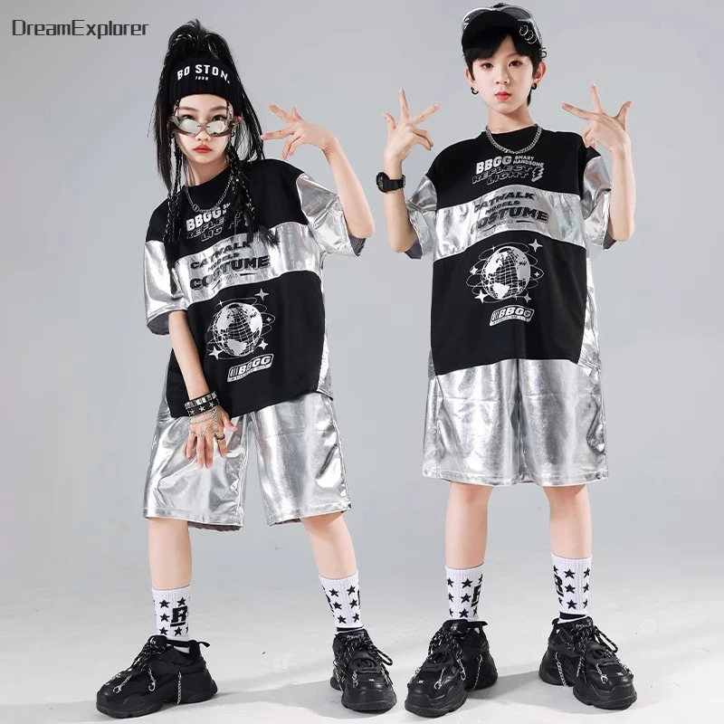 Boys Hip Hop T-shirt Silver Vest Street Dance Shiny Cargo Pants Girls Cool Leather Shorts Kids Jazz Clothes Set Child Streetwear