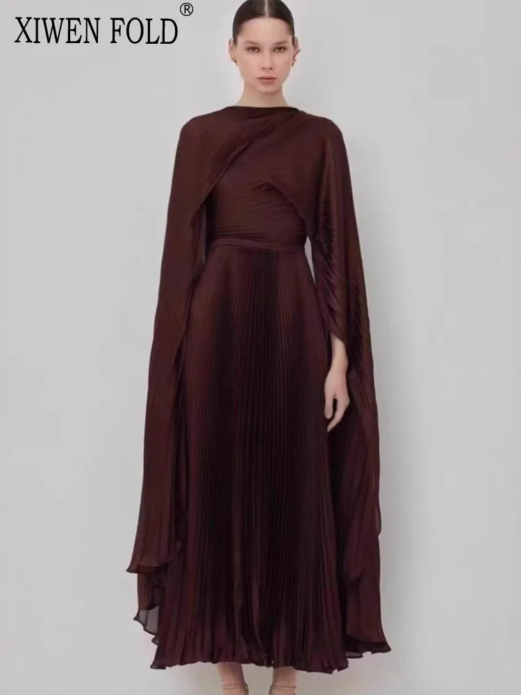 XIWEN Cloak Pleated Solid Color O-neck High Waist A-line Casual Chic Banquet Women's Dress 2024 Autumn Winter New XF3330