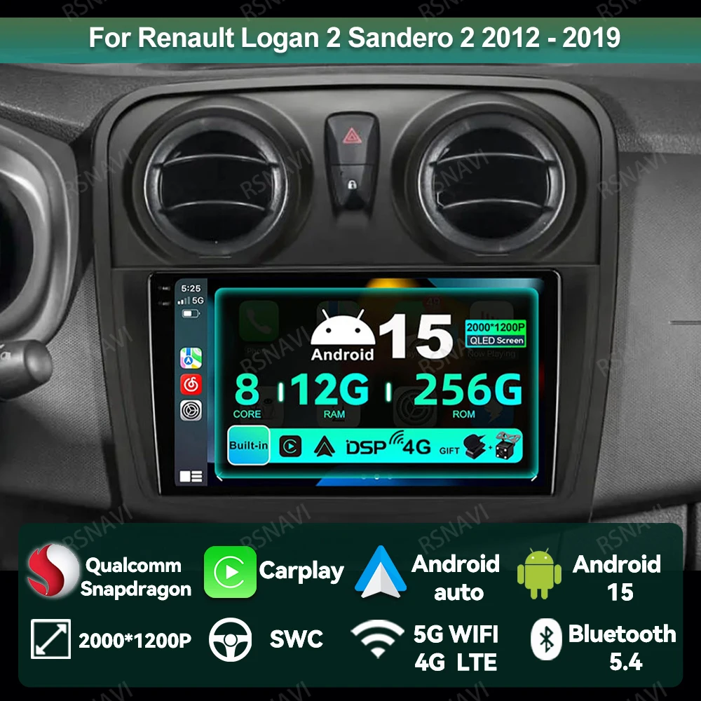 

Car Radio Android 15 For Renault Logan 2 Sandero 2 2012 - 2019 Head Unit 5G WIFI QLED Qualcomm DSP 4G LTE DVD Navigation GPS BT