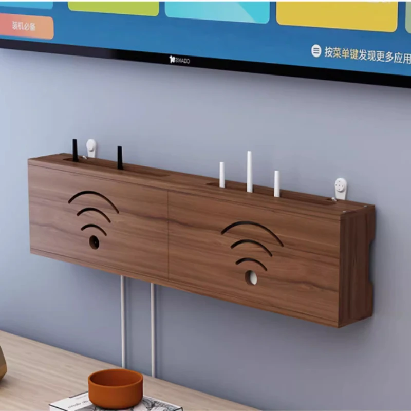 Wood Wall-Mounted Router Storage Box Punch-Free Wifi Set-Top Organizer for TV Cables Plug Space-Saving Stylish Entryway Solution