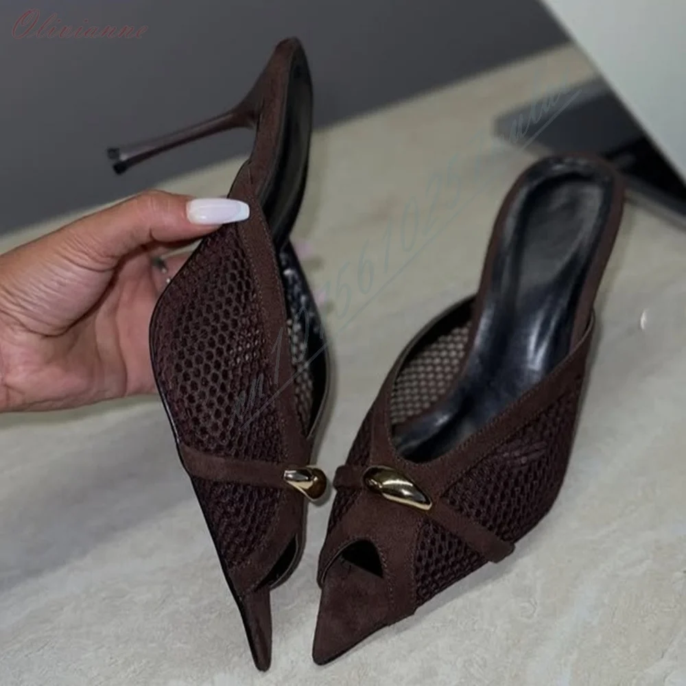 Summer Breathable Mesh Mule Heels Slippers Ladies Suede Splicing Pointed Peep Toe Metal Detail Slip On Evening Party Women Shoes