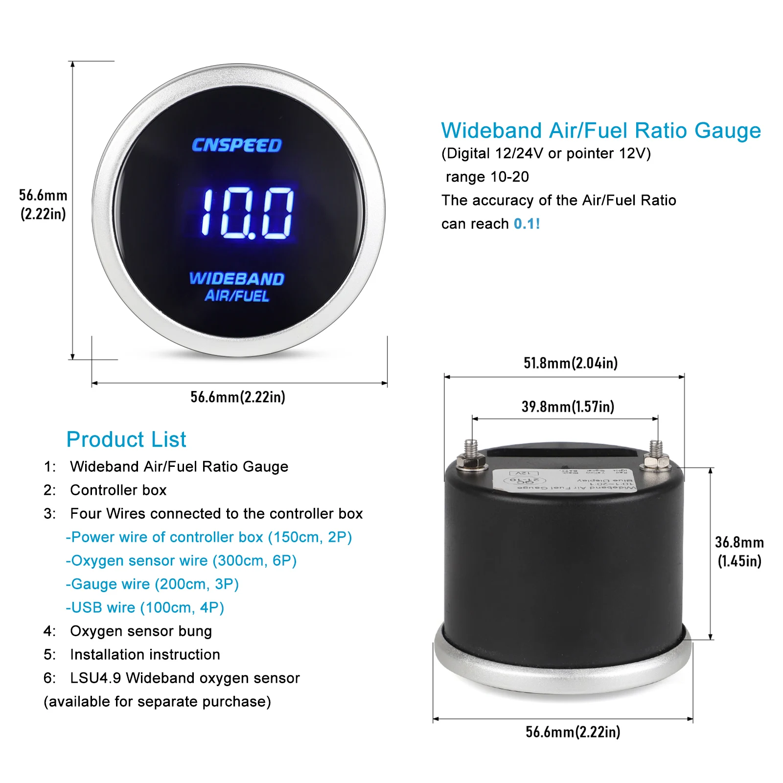 2'' 52mm Digtal Display 12V LSU 4.9 Wideband Air Fuel Ratio Gauge O2 Kit Oxygen Sensor & Controller Box With Car Oxygen Sensor