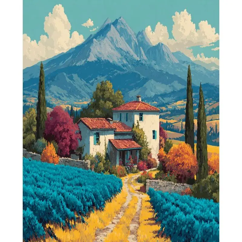 صورة مخصصة مع أرقام كوخ جبل بعيد صورة رسم تلوين حسب الرقم فن الديكور للمبتدئين جدار داخلي ديكو