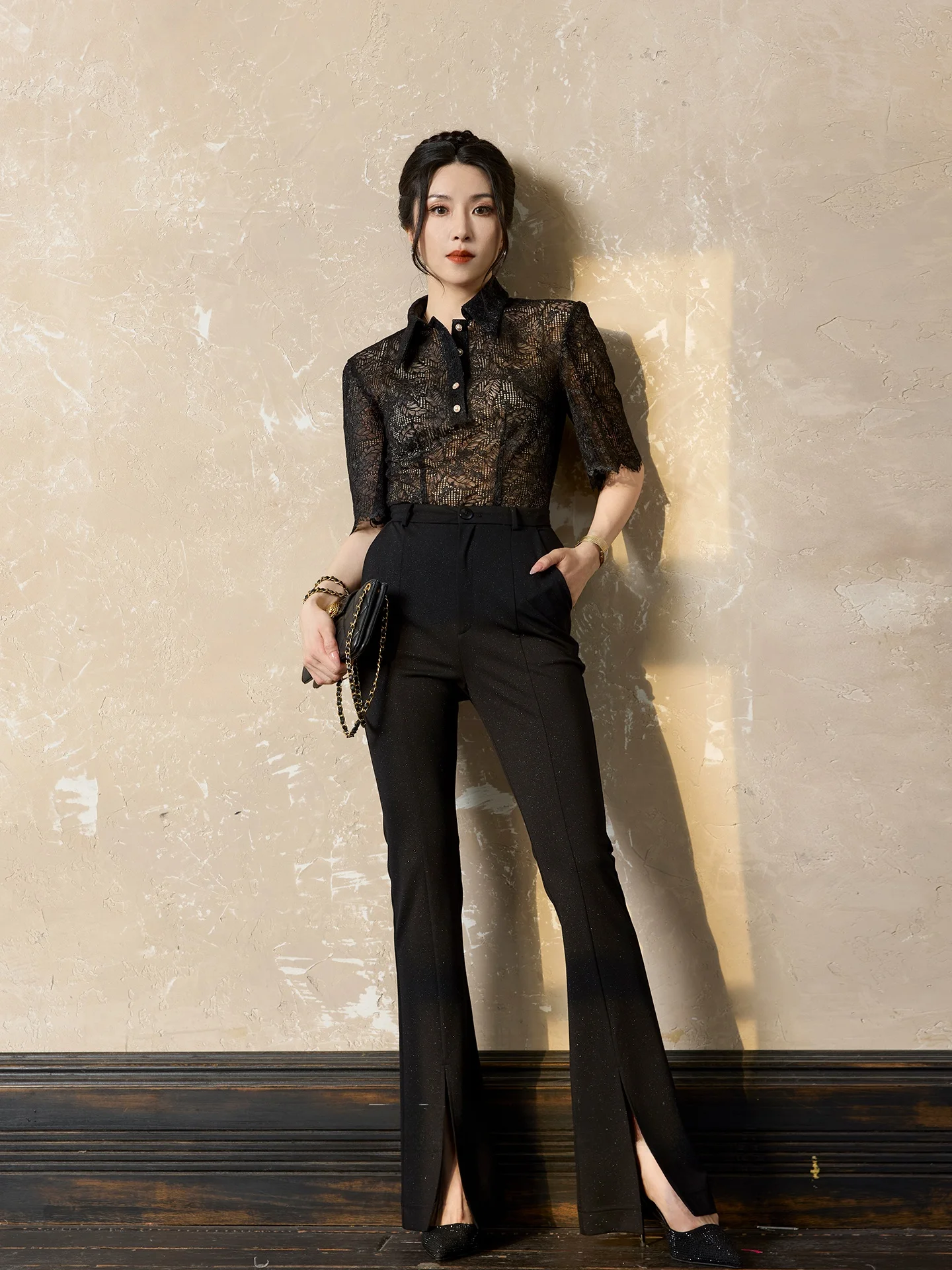 

Брюки-клеш для похудения с эластичной талией, средней высоты, повседневные, для офиса, женские, из нейлоновой смесовой ткани, с разрезом спереди