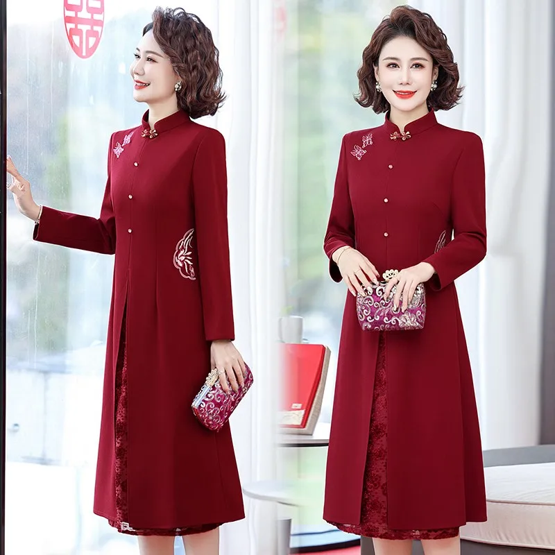 Robe de soirée de style chinois pour femmes, robe de broderie vertébrale rouge, robe vintage, robe éducative, élégante, luxe, printemps et automne