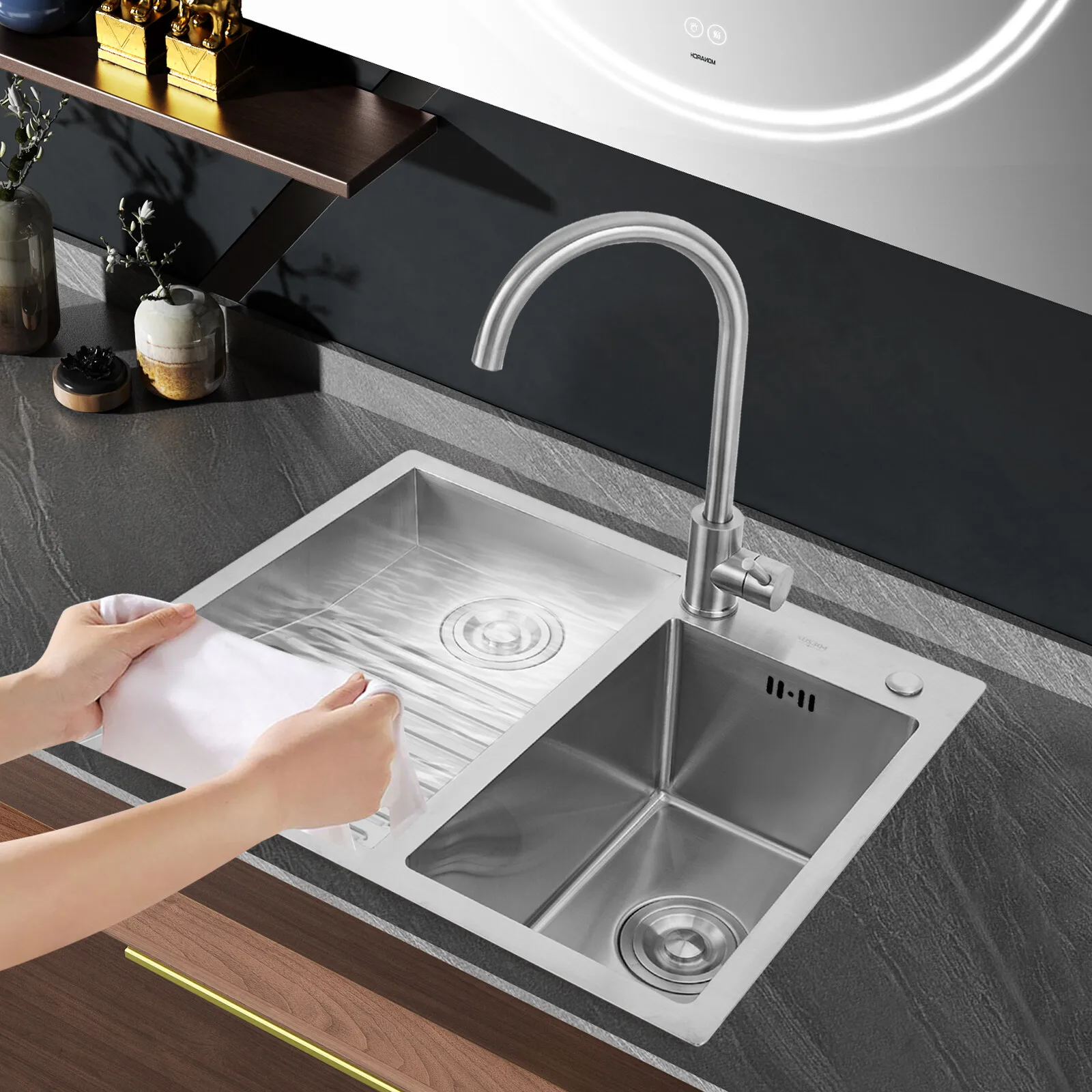 

Silver Dual-Basin Laundry Sink 304 Stainless Steel - 2-In-1 Design(Laundry Basin), Welding Process For Wear&Corrosion Resistant