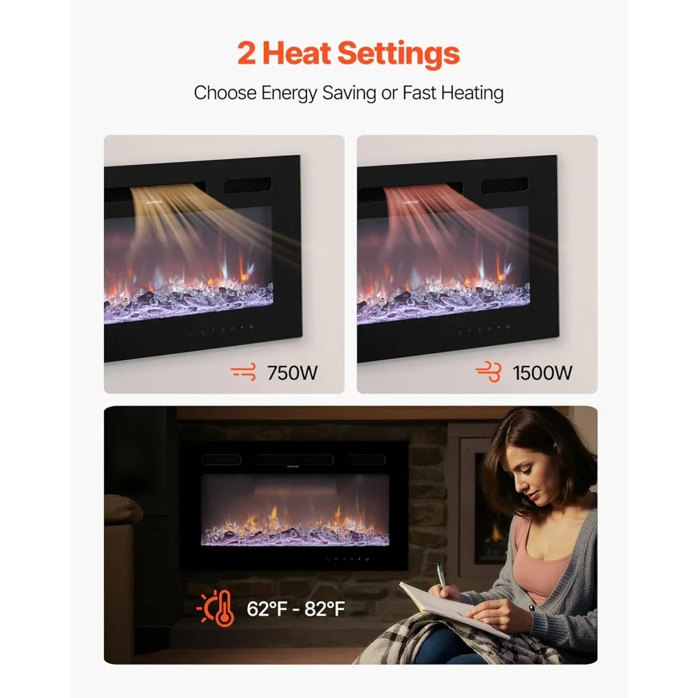 30 Inch VEVOR Electric Wall-Mounted Fireplace with Remote Control, Timer, 1500W Power, and Adjustable Flame Color Settings