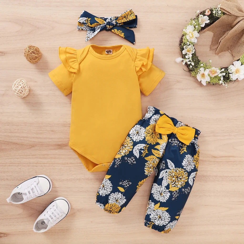 Newborn Baby Girls Clothing Set Infants Girl Short Sleeve Bodysuit+Floral Pants with Bow+Headband 3PCS Outfits for 0-18 Months