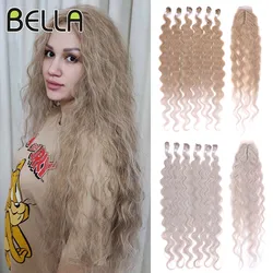 Bella Grandma Gray Hair Extensions For Women Synthetic Fiber Curly Wave 6 Pc 36 Inch Hair Bundles With Closure Soft Braid Hair