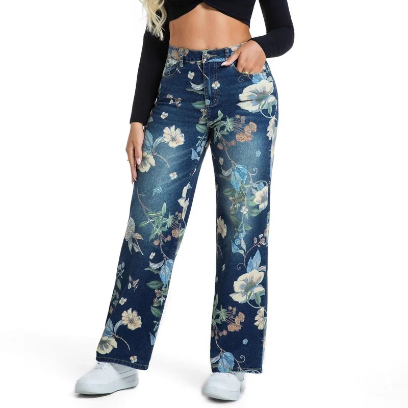 Benuynffy Pantaloni a gamba larga in denim blu stampato 2025 Autunno Nuovo retrò a vita alta Moda allentata Jeans dritti Pantaloni streetwear