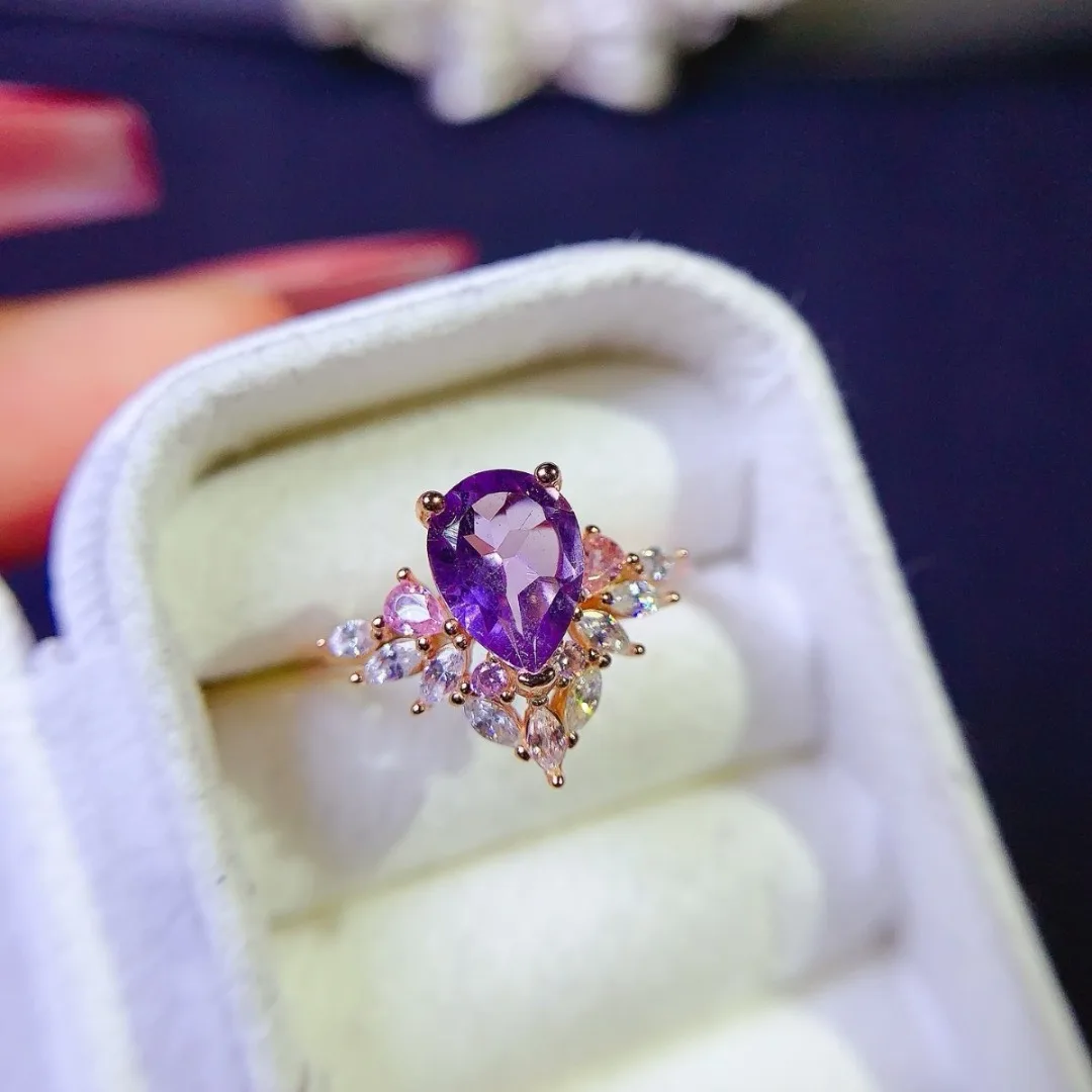 أنيقة تظهر مزاجه الجمشت الطبيعي S925 خاتم فضة شيك المرأة مجوهرات الأزياء وضعتها مصمم موهوب