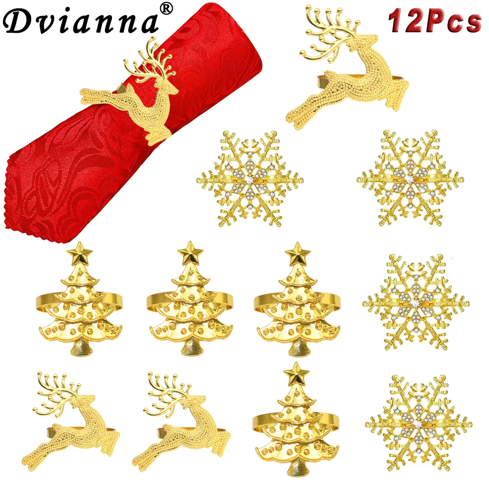 12Pcs Gold Christmas Napkin Rings Set Metal Xmas Tree Deer Snowflake Napkin Holder for Christmas Wedding Party Dining Table Deco