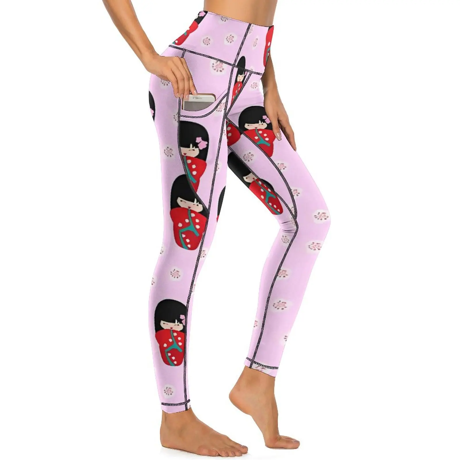 Japanese Dolls Leggings Sexy Red Kokeshi Fitness Yoga Pants Push Up Elastic Sport Legging Pockets Elegant Pattern Leggins