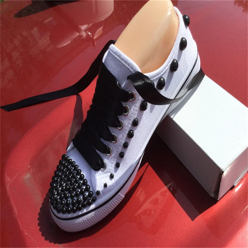 White low top black pearl ribbon custom style canvas shoes integrated sports casual shoes women\'s shoes 35-46