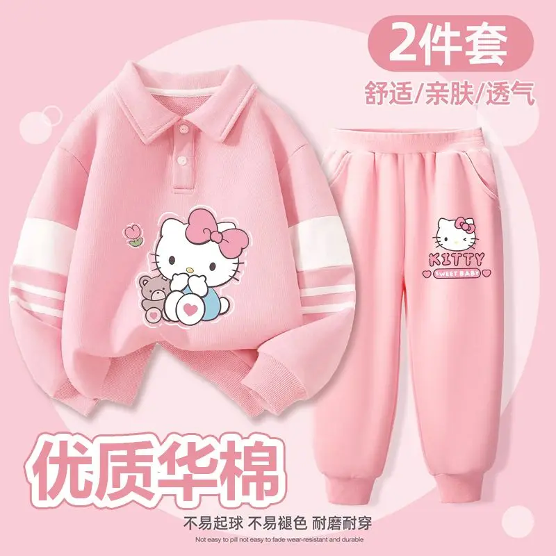 2024 Kuromi Hoodie Trousers Sanrio Kawaii Anime Hello Kitty My Melody Set Autumn Cute Cartoon T-Shirt Long Sleeve Top Kid Gift