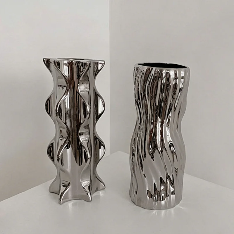 Bild 7: Nordische Silberne Vase Kreative Keramik-Blumenvasen Kunstvoller Blumenarrangement-Behälter Moderne Wohnzimmerdekoration Geschenkideen