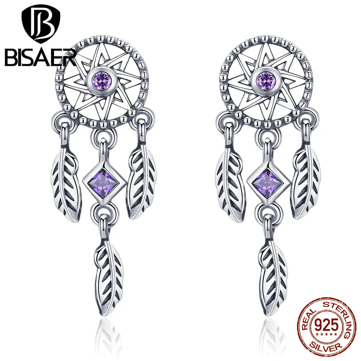 BISAER Hot Sale 925 Sterling Silver Dream Catcher Stud Earrings For Women Vintage Feathers Fashion Earrings Jewelry ECE502