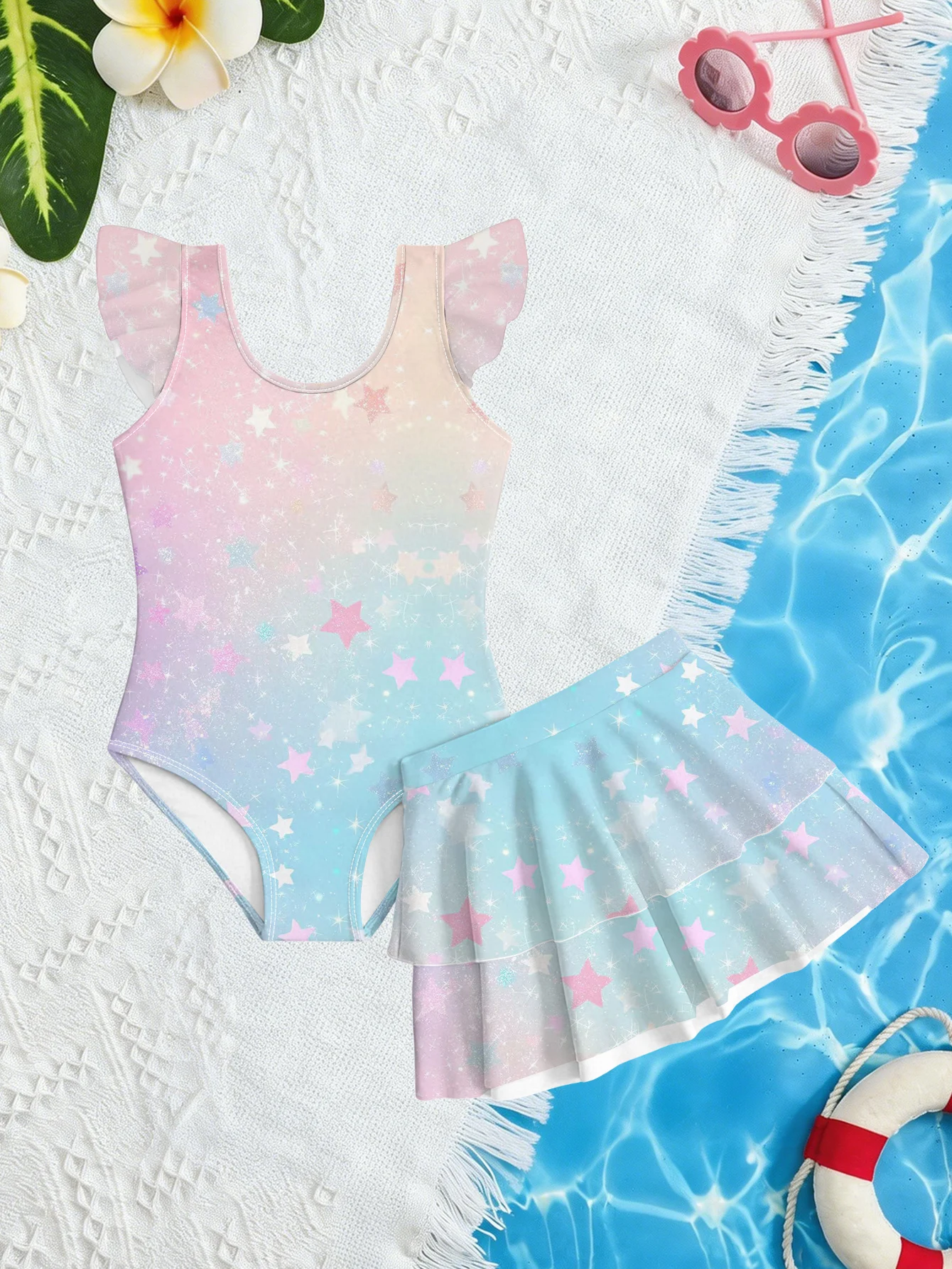 Kids Girls 2 Piece Gradient Star Print One Piece Swimsuit with Ruffle Skirt Cover Up Summer Beach Swimwear