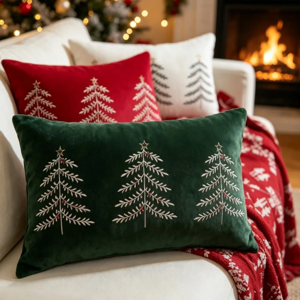 1/2pcs 30x50cm Green Dutch Velvet Cushon Cover Christmas Embroidery Cushion Pillow Case, Dormitory Bedroom Sofa Home Decoration