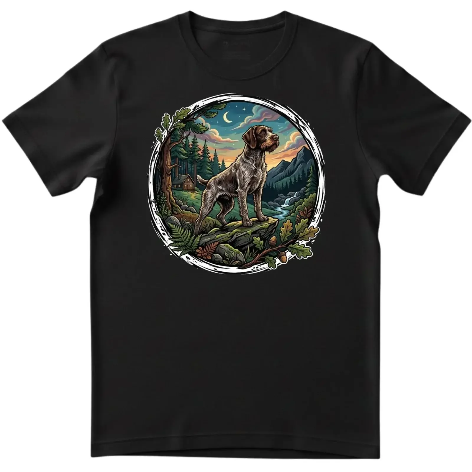 Men's T Shirt German Wirehaired Pointer Hunting Dog Forest Mountains Nature Retro Art  vintage Washed Stretched graphic Casual