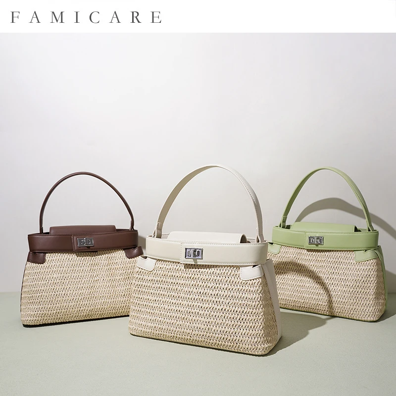 

2026 Summer Essential Straw Leather Woven Market Tote Bucket Bag Crossbody Shoulder Handbag Korean Patchwork Casual Commuting