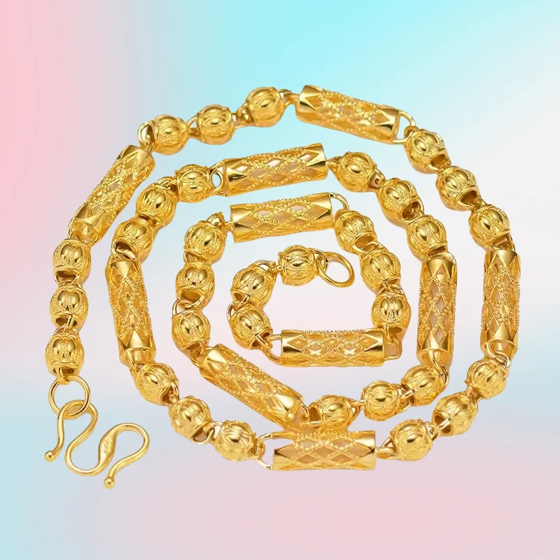 

new 9999 Real Gold 24K Men's Hollow Carved Grid Cylinder with Frosted Bead Necklace Fashion