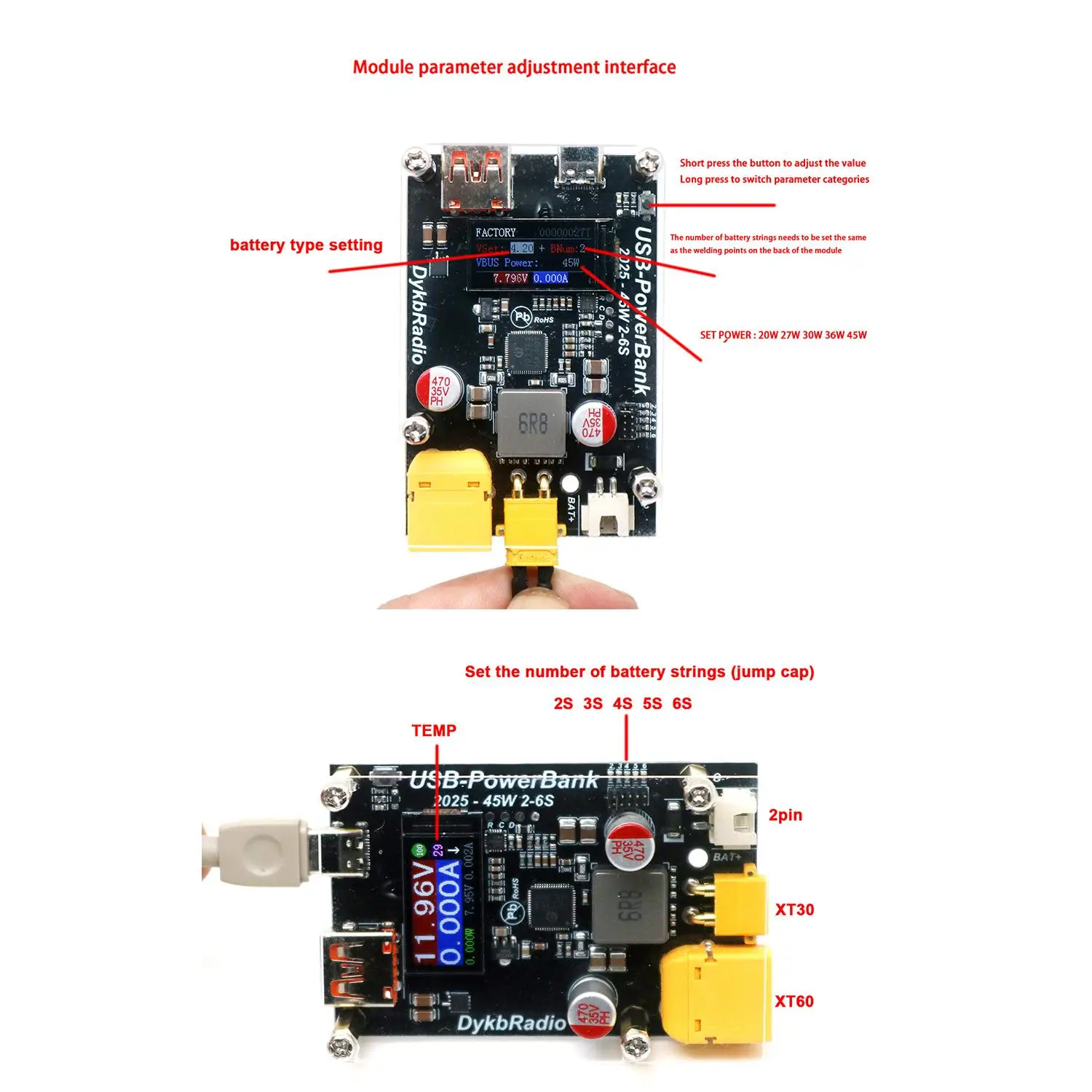 DYKB PD3.1 45W Bidirectional Fast Charging Lithium Battery Charger 2S 3S 4S 5S 6S Li-ion LiFePO4 BMS XT30 XT60 Module Board
