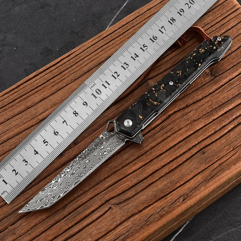 Damascus Folding Knife Shredded Carbon Fiber Handle Pocket Knife Outdoor Defense Knife Camping Portable Fruit Knife