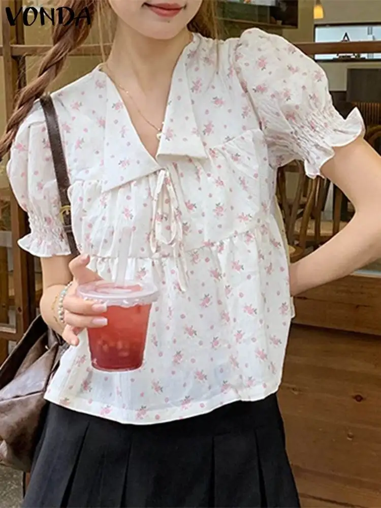 

VONDA Summer Tops Women Blouse 2024 Bohemian Tunic Elegant Floral Printed Blusas Femininas Short Sleeve Lapel Casual Loose Shirt