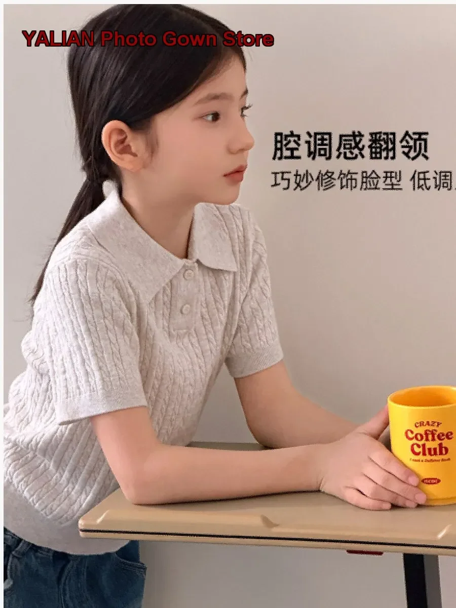 Girls Knit Top Kids Autumn Round Neck Cotton Merino Wool Ribbed Short Sleeves T-Shirt Solid Color Soft Skin-Friendly Medium-Larg