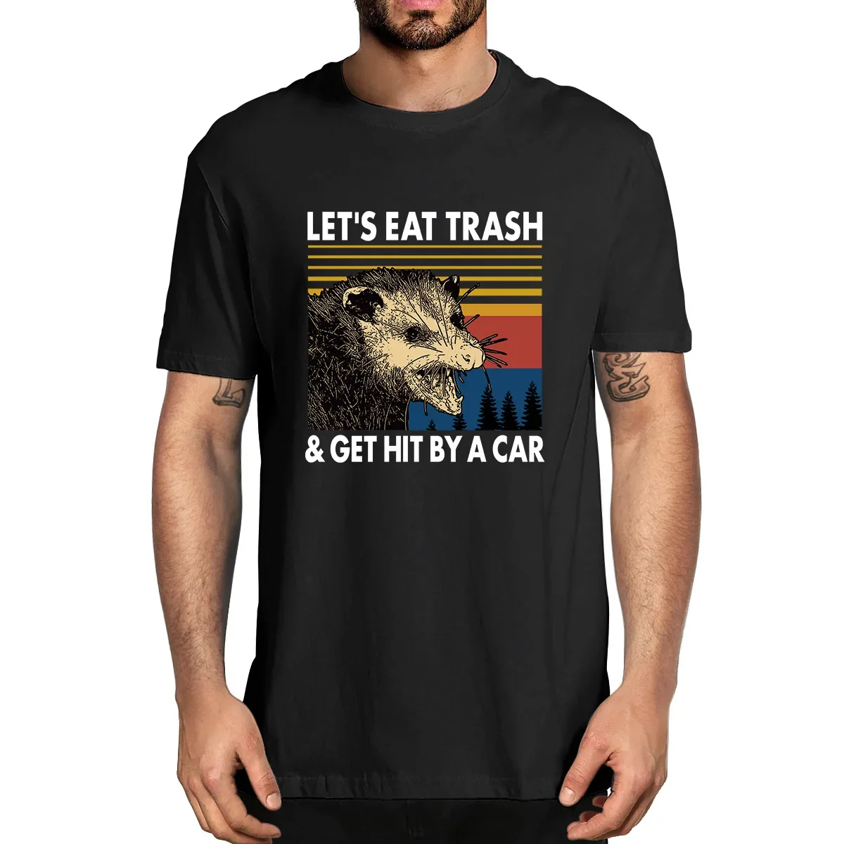 Raccoon Let's Eat Trash Get Hit By A Car 100% Cotton Shirt Novelty Vintage Men's T-Shirt Humor Women Top Tee Humor Streetwear