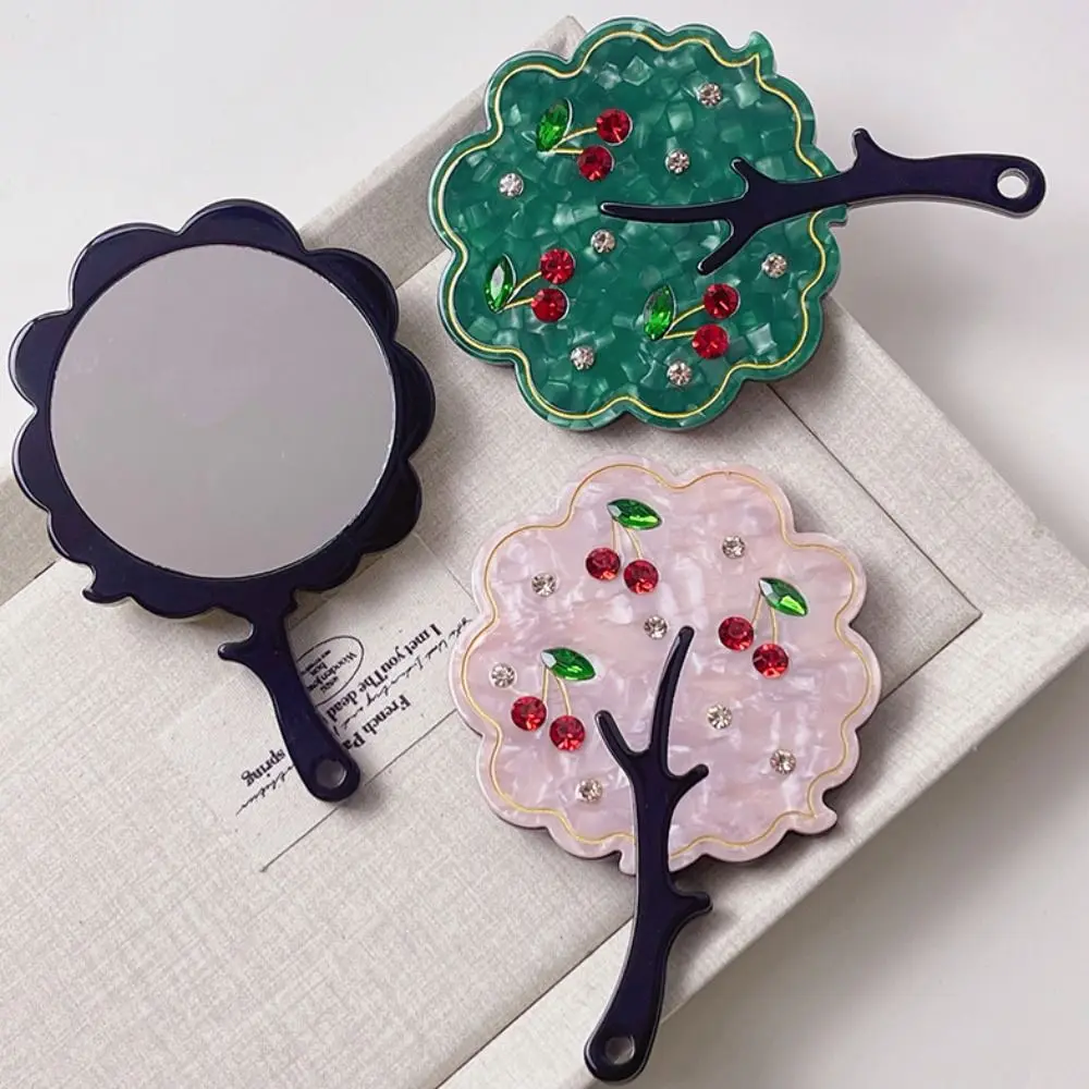 لطيف الكرز خلات مرآة لوضع مساحيق التجميل الملونة حجر الراين شجرة شكل مرآة الكرتون عالية الوضوح مقبض المحمولة مرآة الهدايا