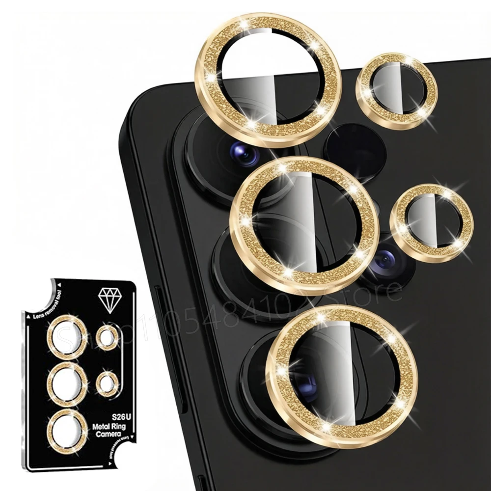 Für Samsung Galaxy S26 S25 Ultra S24 Plus Einfach zu installierender Glitzer-Metallring Glas-Kameralinsen-Schutzkappe für Samsung S26 Ultra