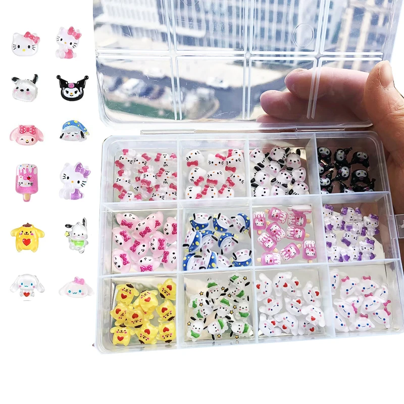 Breloques à ongles en résine Kawaii, 6-12mm, minou, dos plat, Sanurgente, Sanrioed, Hellokitty, Kuromi noir, décoration d'art d'ongle pour manucure à faire soi-même, boîte de 120 pièces