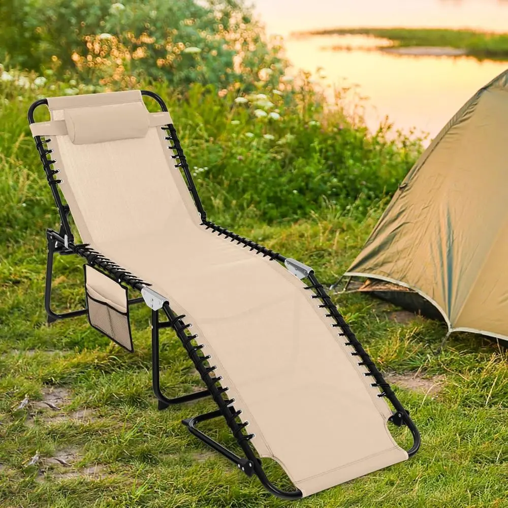 Beach Lounge Chair for Outside, Folding Chaise Lounge Outdoor with 4-Position Backrest, Removable Headrest and Side Pocket, Port