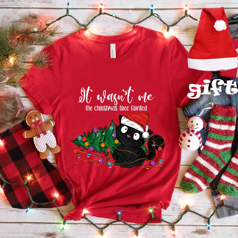 It Wasn's Me Christmas Cat Female Clothing Xmas Tree Casual Fashion Party Short Sleeve Women T-Shirts with Christmas Hats