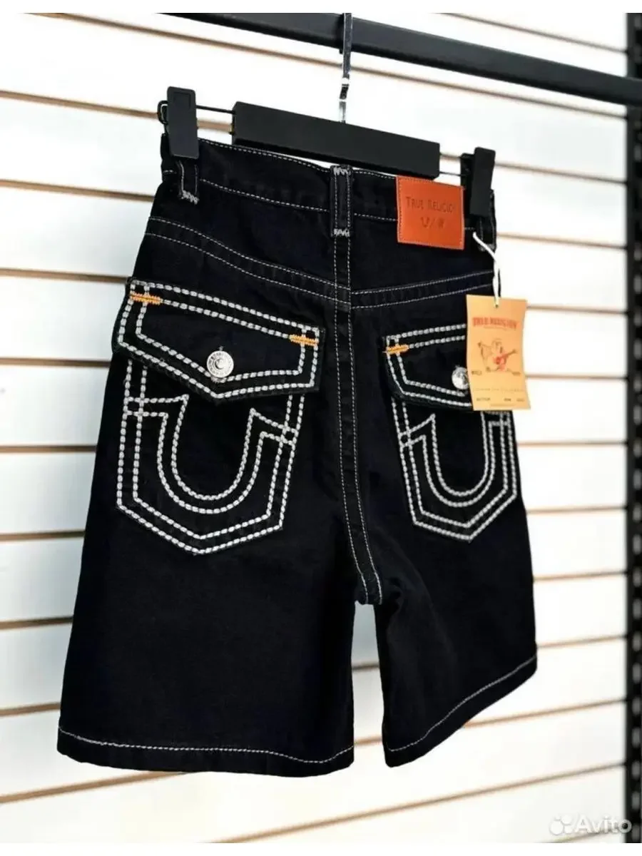 Calção jeans de perna larga americana masculina, calça curta solta, calça bordada cruzada, cintura alta, hip-hop retrô, Y2K, 2021