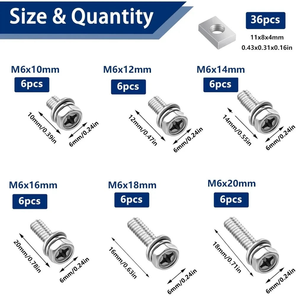 72PCS 304 Stainless Steel Battery Bolt with Square Nut Kit Motorcycle Battery Terminal Bolts and Nuts Set M6x10/12/14/16/18/20mm