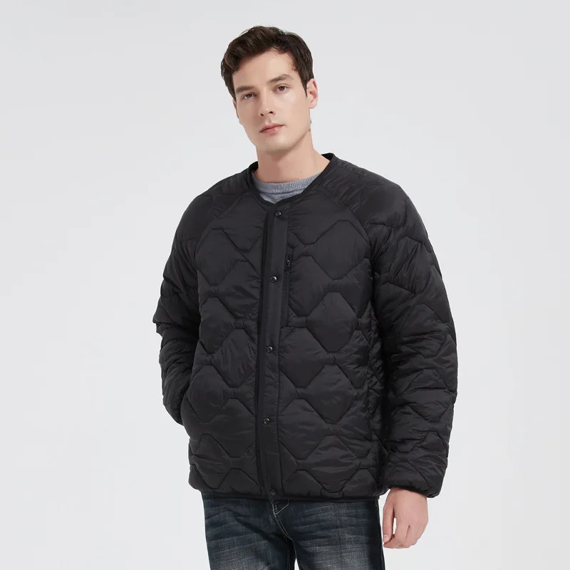 KIDWHXR Parkas Jacket Winter Men Simple Solid Round Neck Male Outerwear Slim Single-breasted Long Sleeve Lightweight Man Coat