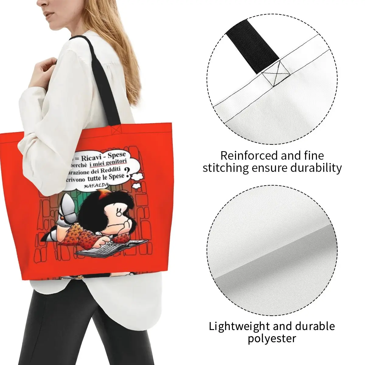 Funny Print Quino Comic Cartoon Mafalda Shopping Tote Bag Washable Canvas Shopper Shoulder Handbag